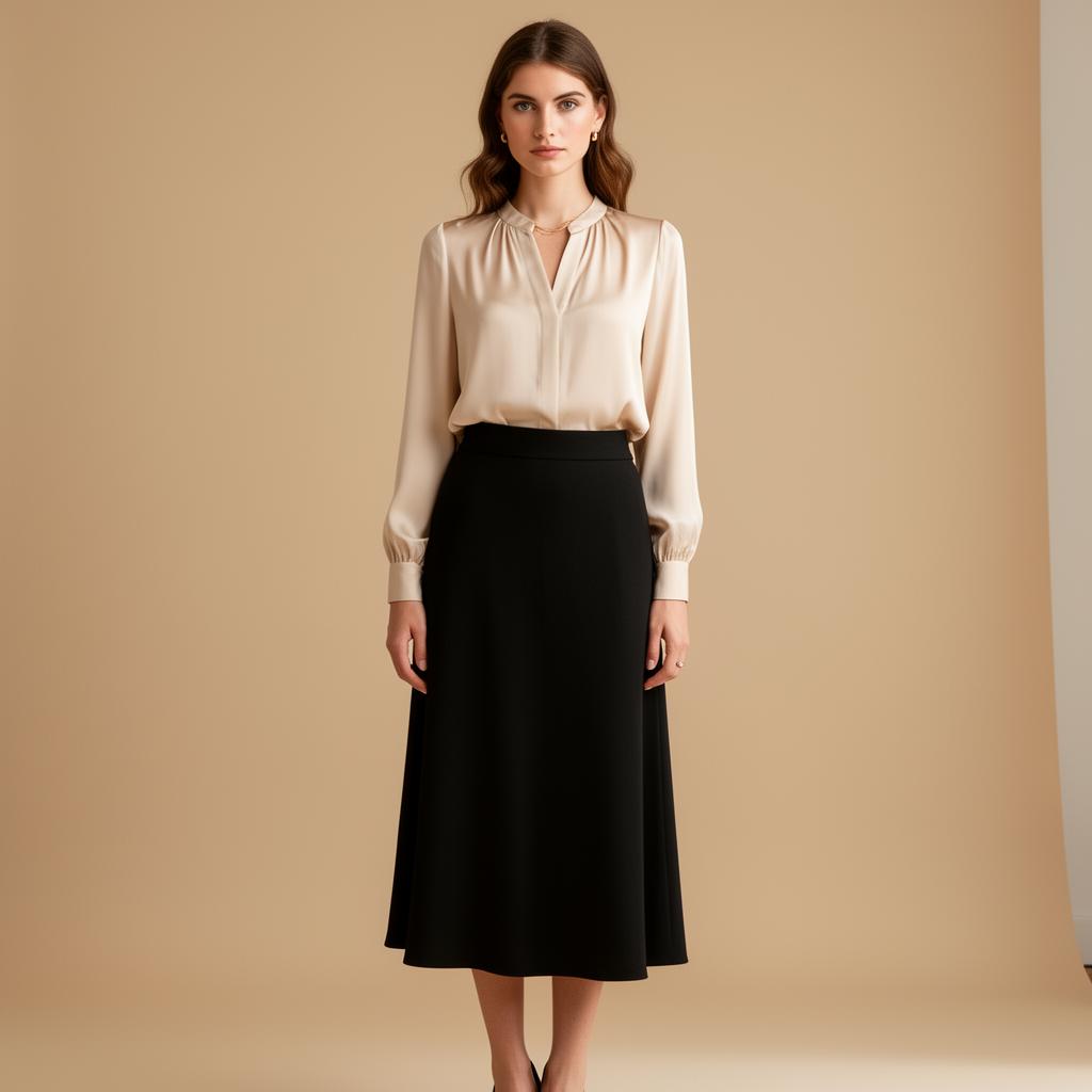Black midi skirt with silk blouse, editorial boutique campaign.