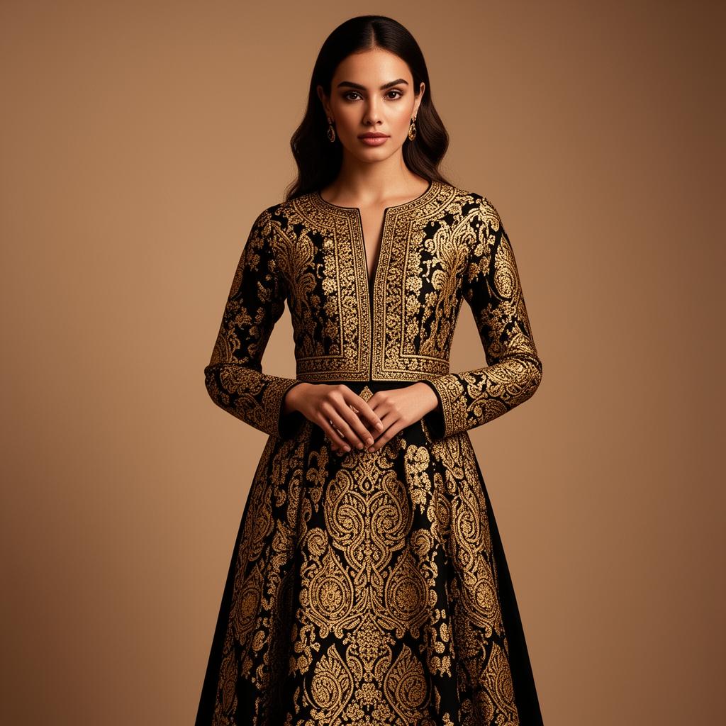 Gold-and-black heritage print dress, editorial boutique campaign.