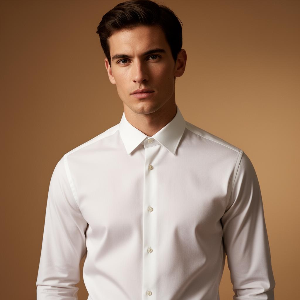 Crisp white dress shirt, men's editorial campaign.