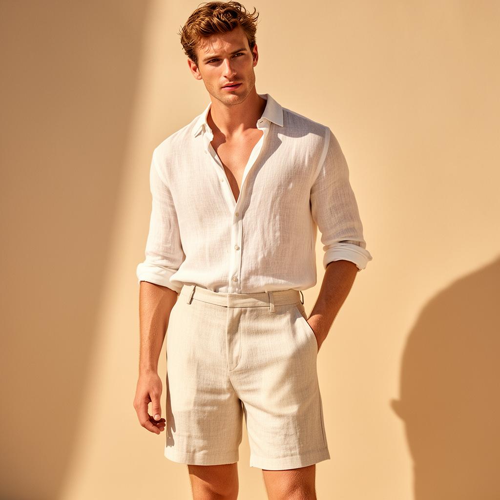 Linen summer shorts with lightweight shirt, men's resort campaign.