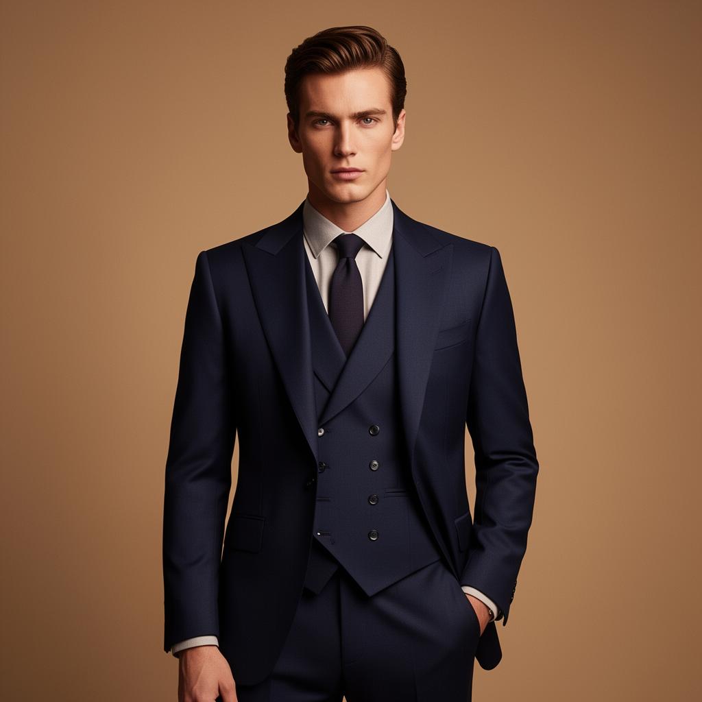 Tailored navy three-piece suit, men's editorial campaign.