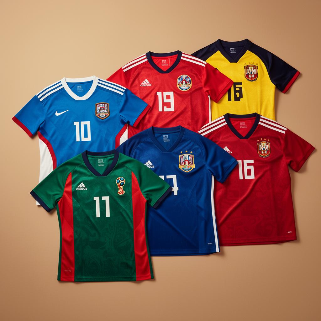 Curated flat-lay of international football jerseys.